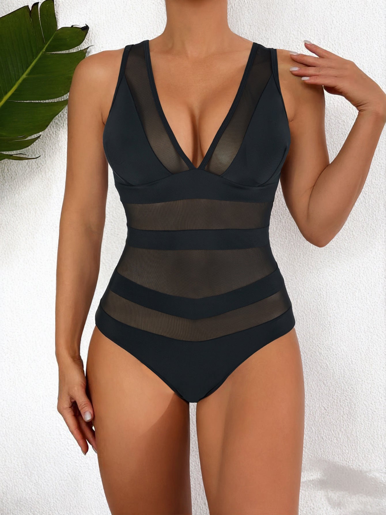 Women’s One-Piece Swimsuit – Form-Fitting – Deep V-Neck – Mesh Panel – High-Cut Leg