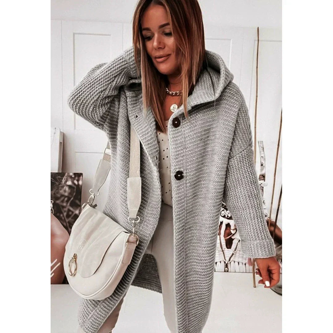 Women’s Hooded Cardigan – Loose Fit – Long Line – Ribbed Knit – Button Front – Drop Shoulder