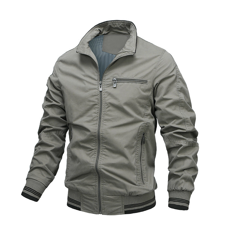 Men's Cotton Washed Jacket Regular Fit With Zip Front Zip Pockets Stand Collar For Everyday Wear