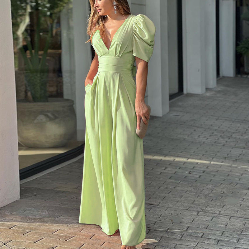 Women's Jumpsuit – Wide Leg – V-neck – Puff Sleeves – Defined Waist – Pockets