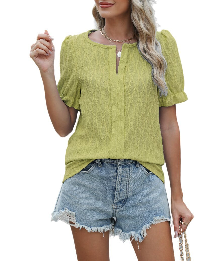 Jacquard Balloon Sleeve Top For Women Loose Fit Elegant Comfortable Everyday Chic
