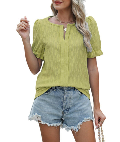 Jacquard Balloon Sleeve Top For Women Loose Fit Elegant Comfortable Everyday Chic