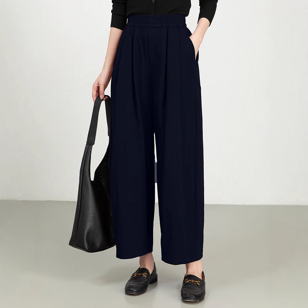 Women's trousers with wide legs – High waist – Elastic waist – Light twill – Relaxed fit