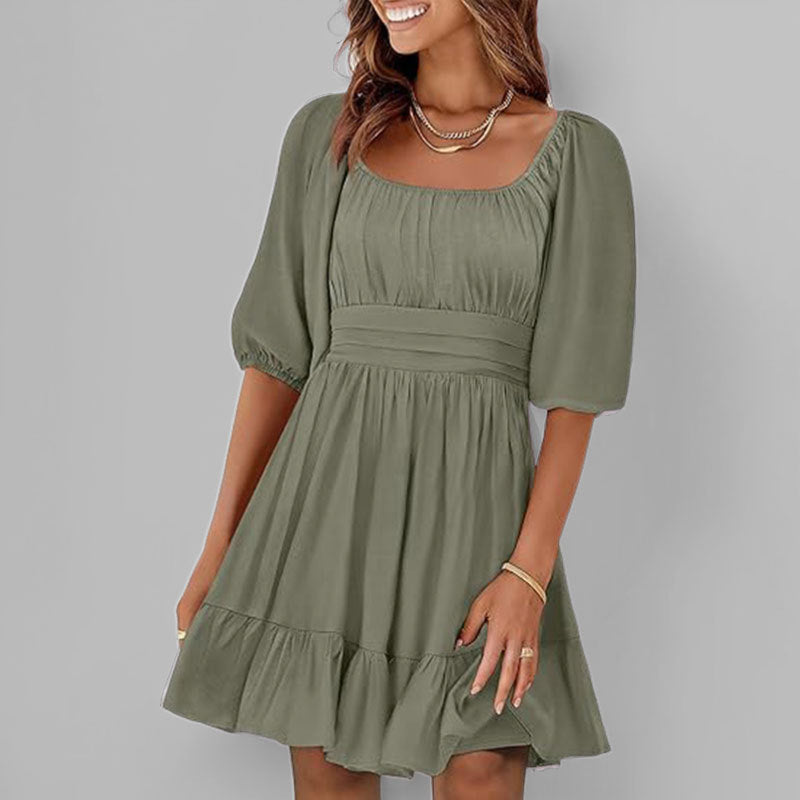 Dress for Women – Cotton – Fit and Flare – Square Neckline – Puff Sleeves – Ruffle Hem