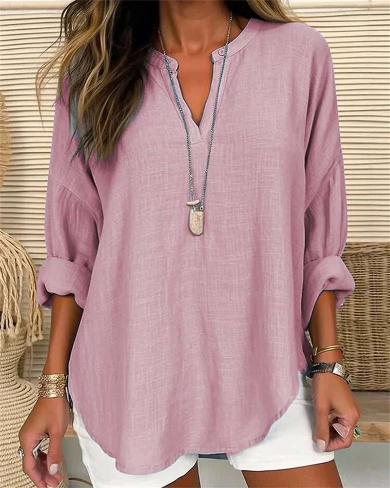 Women's shirt with Mao collar, linen and cotton, relaxed fit, long sleeves