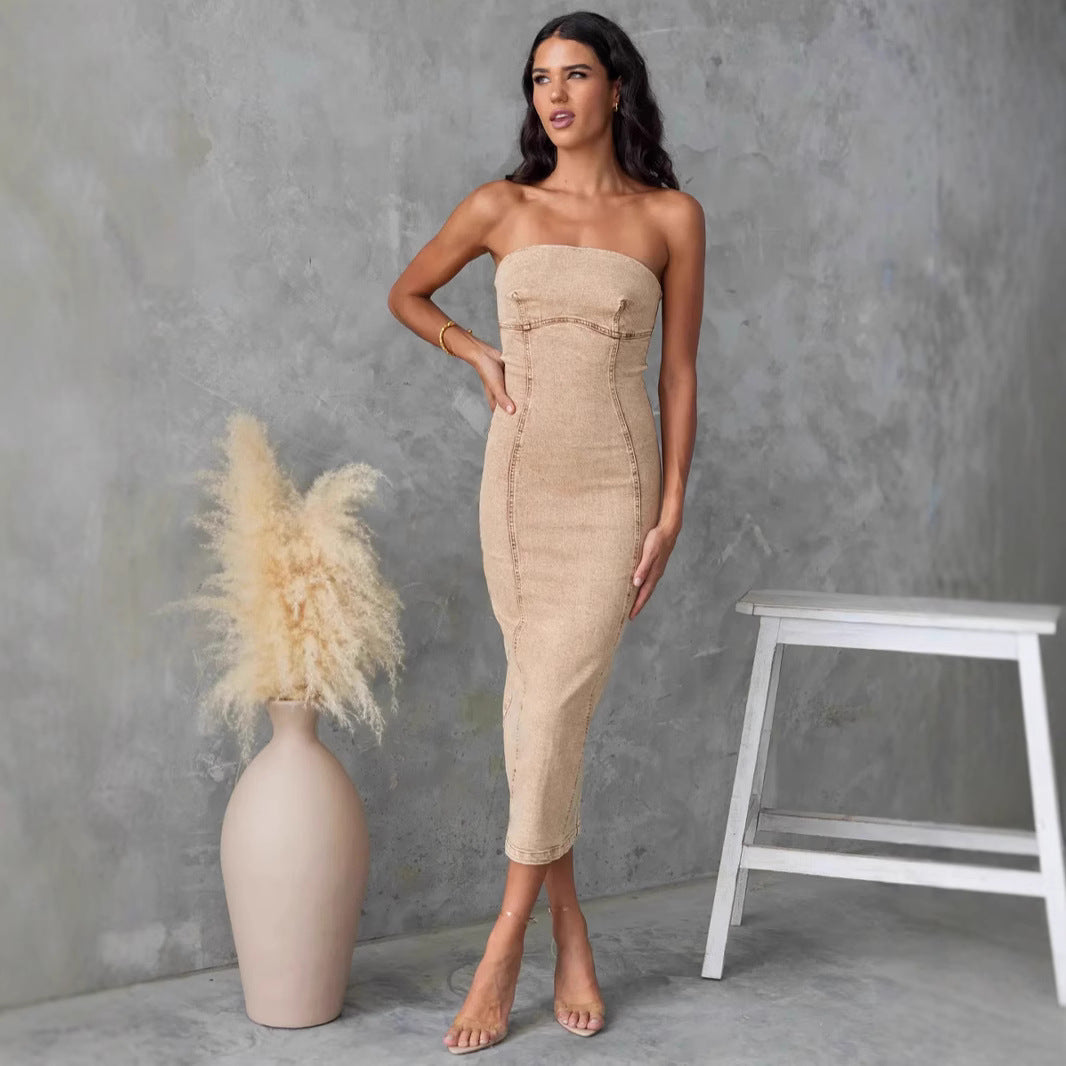 Women's Strapless Denim Dress – Slim Fit – Midi Length – Texture Details