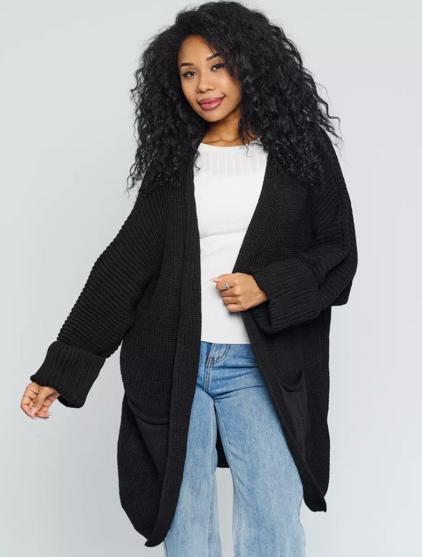 Women’s Knitted Cardigan – Oversized Fit – Wool Blend – Ribbed Sleeves – Open Front