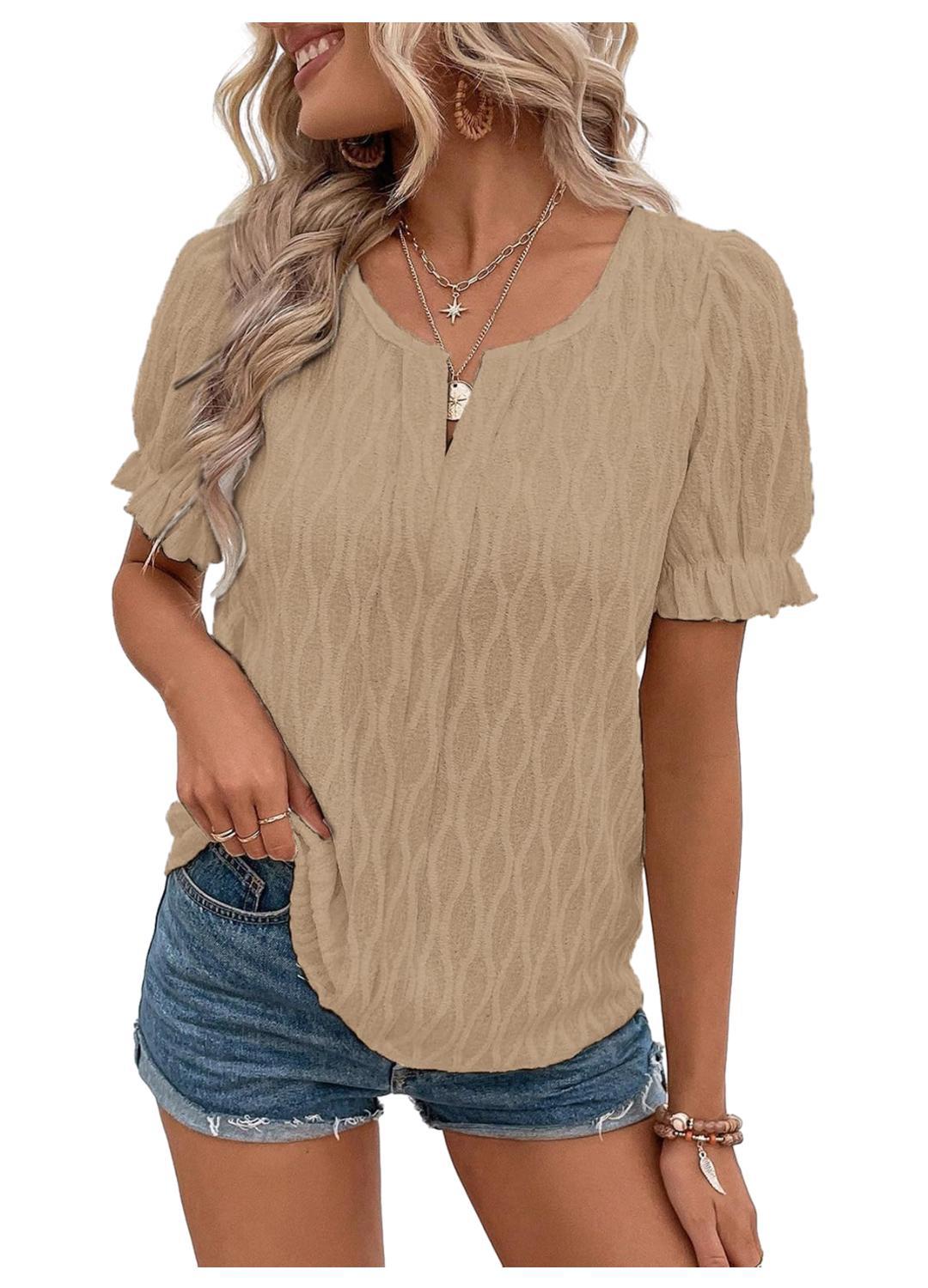 Jacquard Puff Sleeve Top For Women Trendy Loose Fit Comfortable Casual Everyday Wear