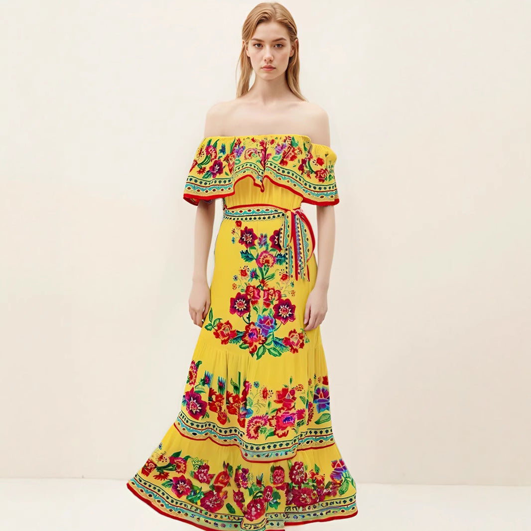 Women's Maxi Dress – Off-Shoulder – Floral Pattern – Ruched Bodice – Tiered Skirt