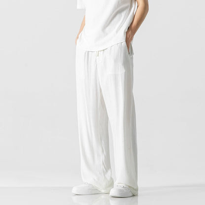Men's Linen Blend Trousers With Drawstring Waist For Everyday Casual Wear Loose Fit Full Length