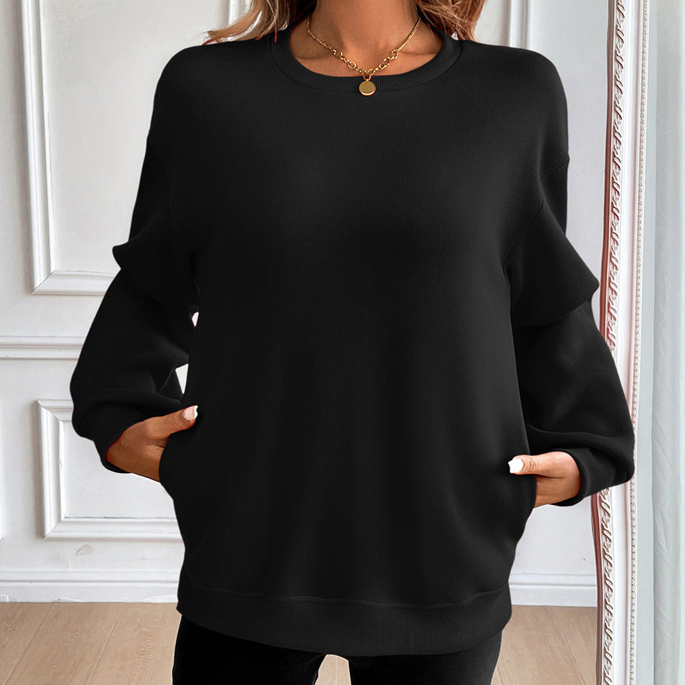 Women’s Sweatshirt – Loose Fit – Cotton Blend – Round Neck – Long Sleeve – Front Pockets