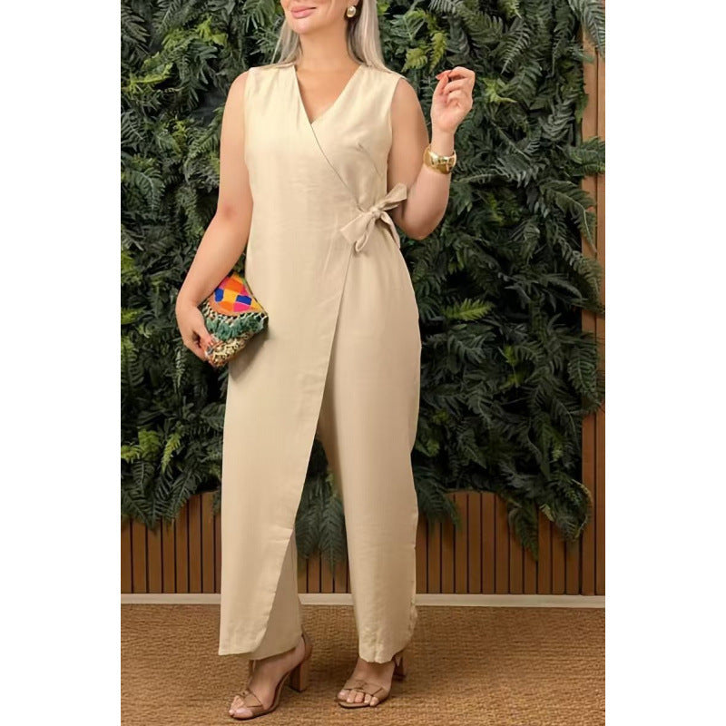 Women's Jumpsuit – V-neck wrap-around – Sleeveless – Wide leg – Adjustable waist