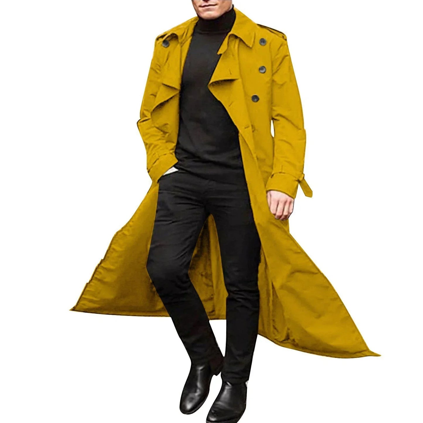 Mens Trench Coat Tailored Fit Double Breasted Notched Lapels Full Length Coat For Men Style