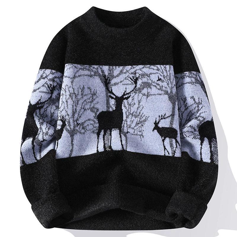 Mens Loose Fit Knit Pullover Sweater With Mock Neck Ribbed Trim Deer Pattern Nordic Style