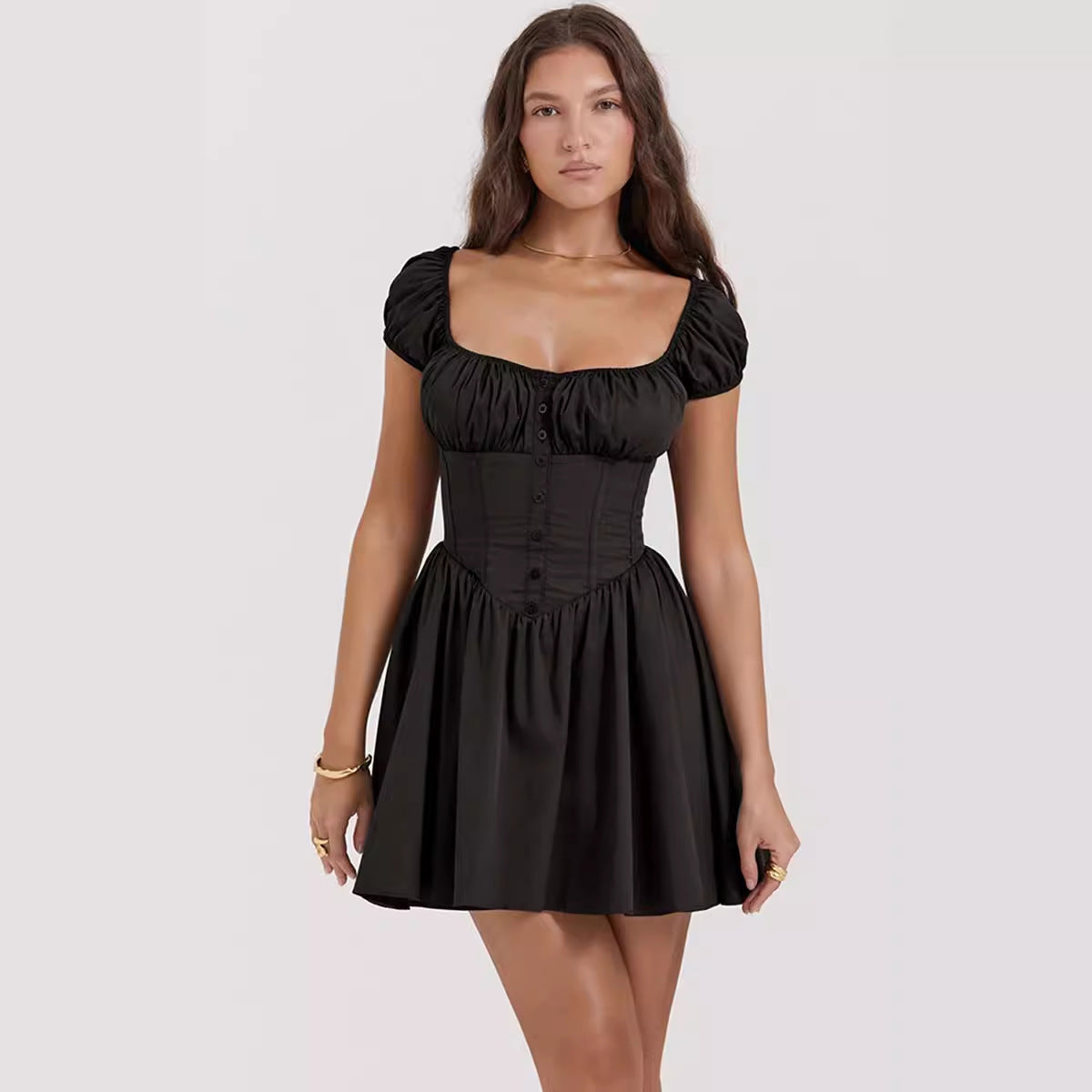 Women's Mini Dress – Slim Fit – Puff Sleeves – Square Neck – Button Closure – Lightweight