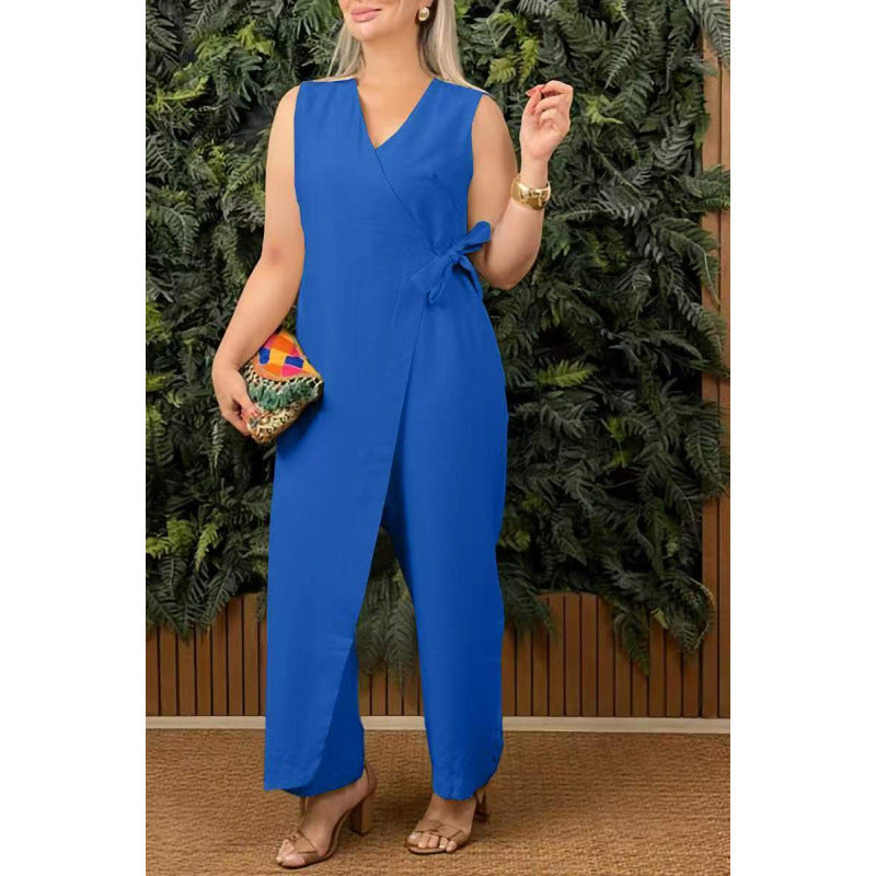 Women's Jumpsuit – V-neck wrap-around – Sleeveless – Wide leg – Adjustable waist
