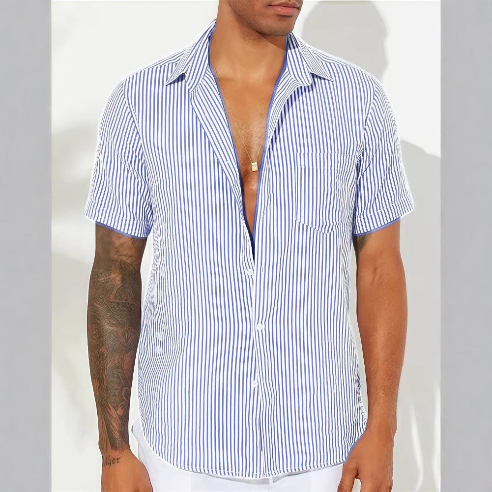 Men's Button Up Shirt Relaxed Fit Short Sleeve Vertical Stripes Cotton Blend For Casual Wear