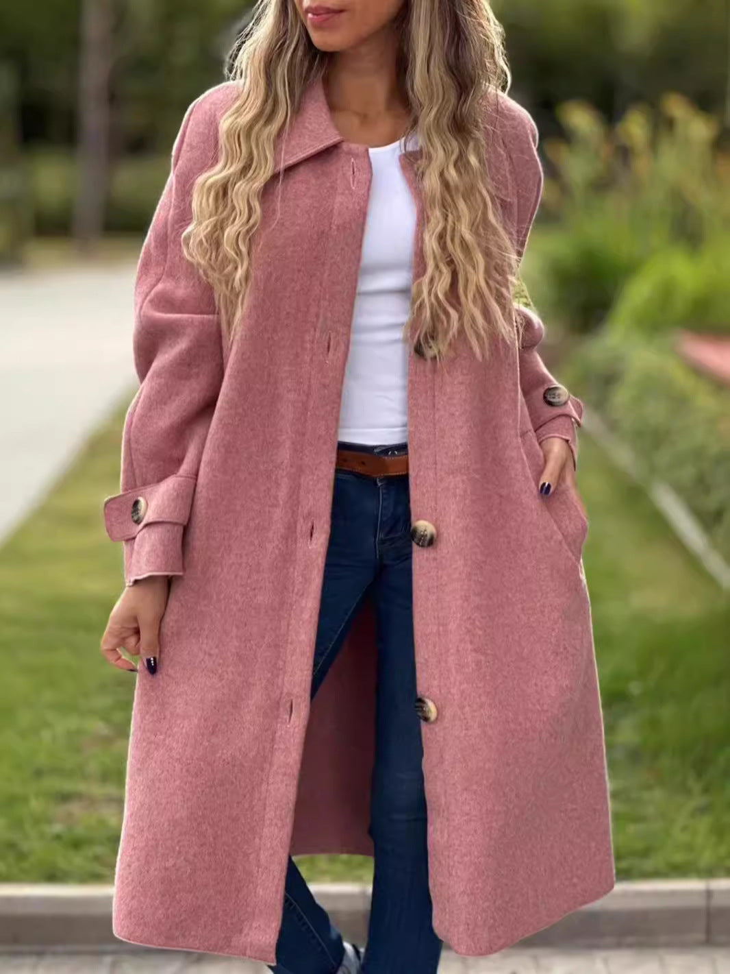 Women’s Long Coat – Wool Blend – Relaxed Fit – Button Front – Full Length – Classic Collar