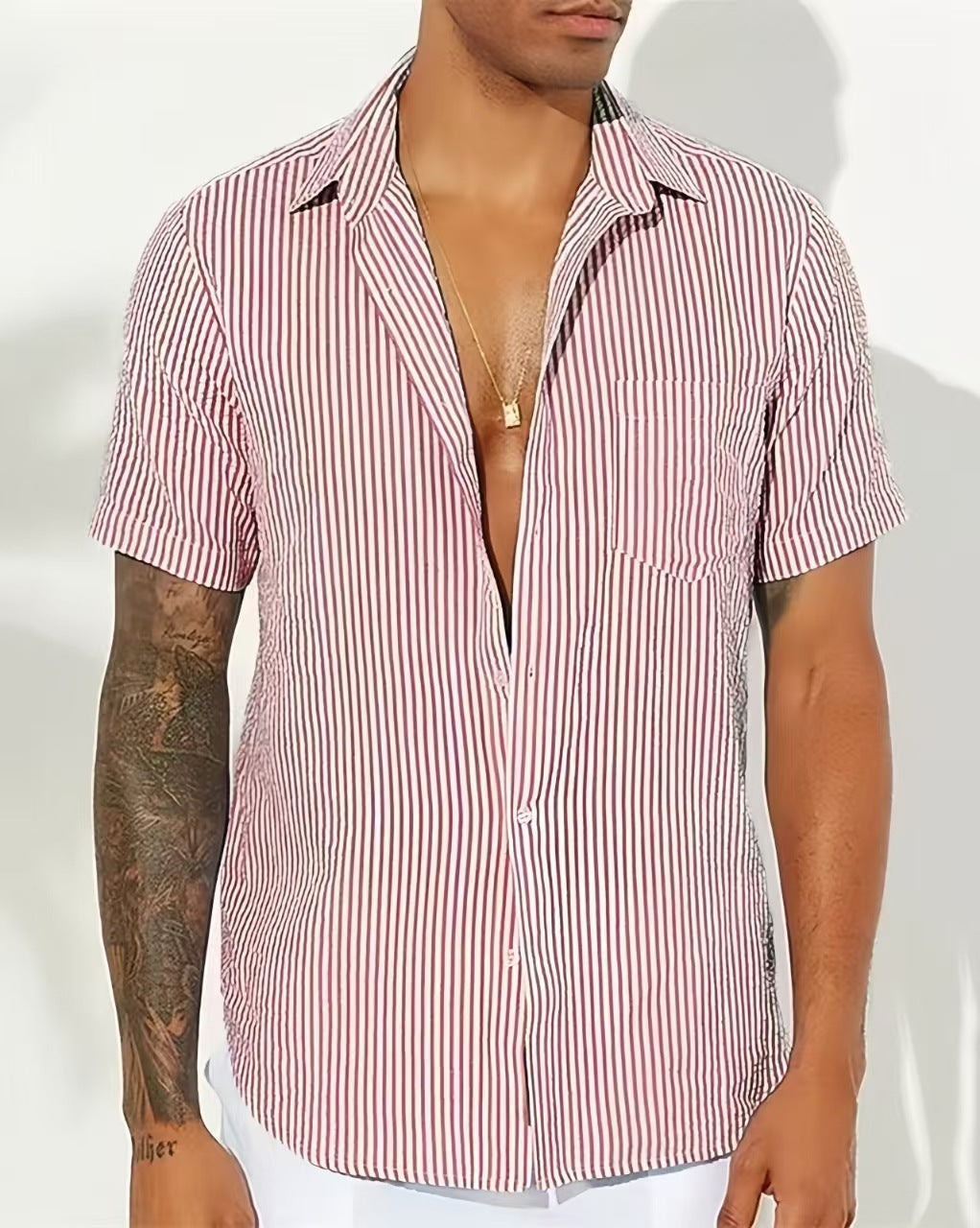 Men's Button Up Shirt Relaxed Fit Short Sleeve Vertical Stripes Cotton Blend For Casual Wear