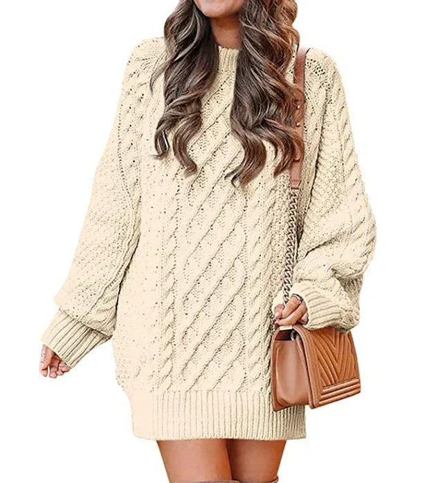 Women’s Sweater Dress – Wool Blend – Cable Knit – Oversized Fit – Mid-Length – Long Sleeve