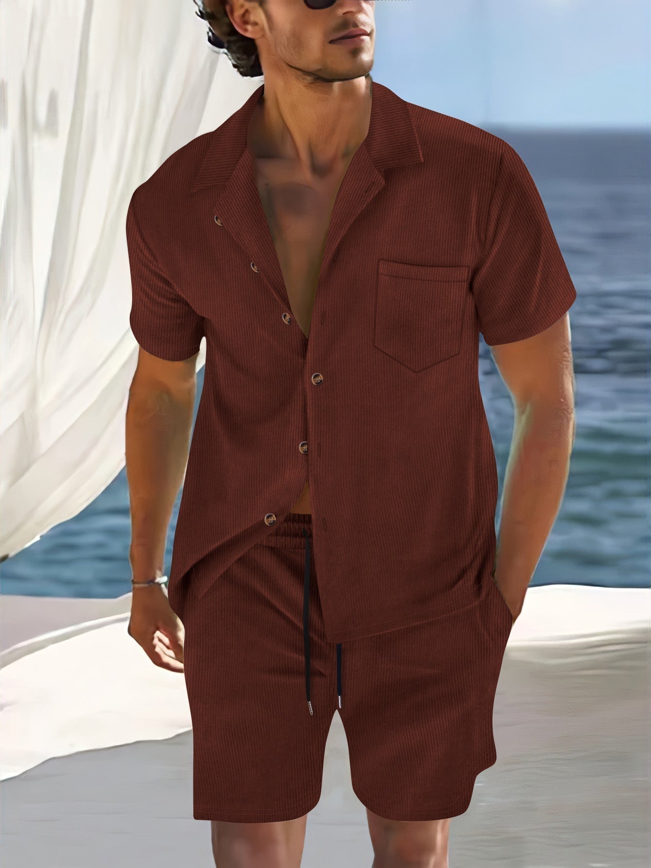 Men's Short Sleeve Shirt Set Relaxed Fit Lapel Collar Vertical Striped Button Front 2 Piece Summer Outfit