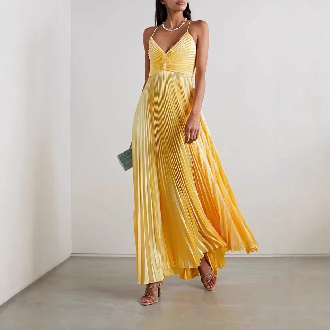 Dress for women – Maxi length – V-neck – Pleated chiffon – Spaghetti straps