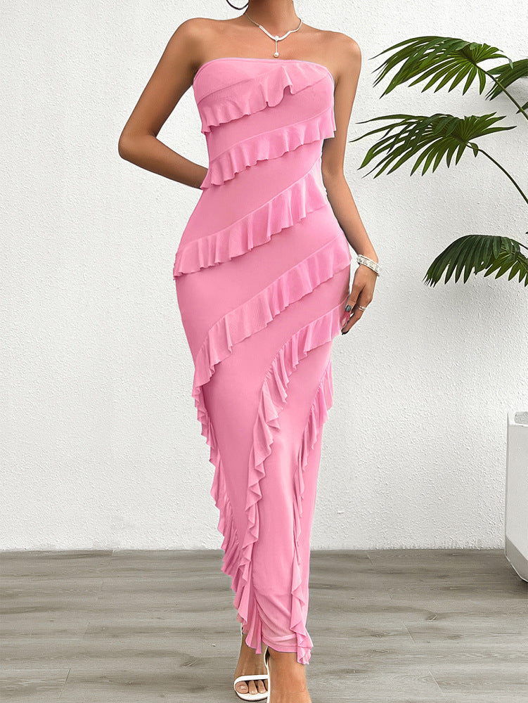 Dress for Women – Strapless – Tailored – Ankle-Length – Asymmetric Ruffle Details