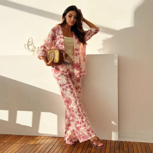 Women's Set – Floral Kimono Top with 3/4 Sleeves – Loose Pants in Light Material