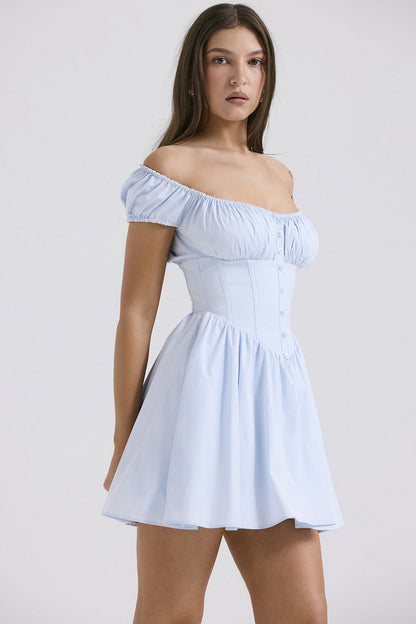 Women's Mini Dress – Slim Fit – Puff Sleeves – Square Neck – Button Closure – Lightweight