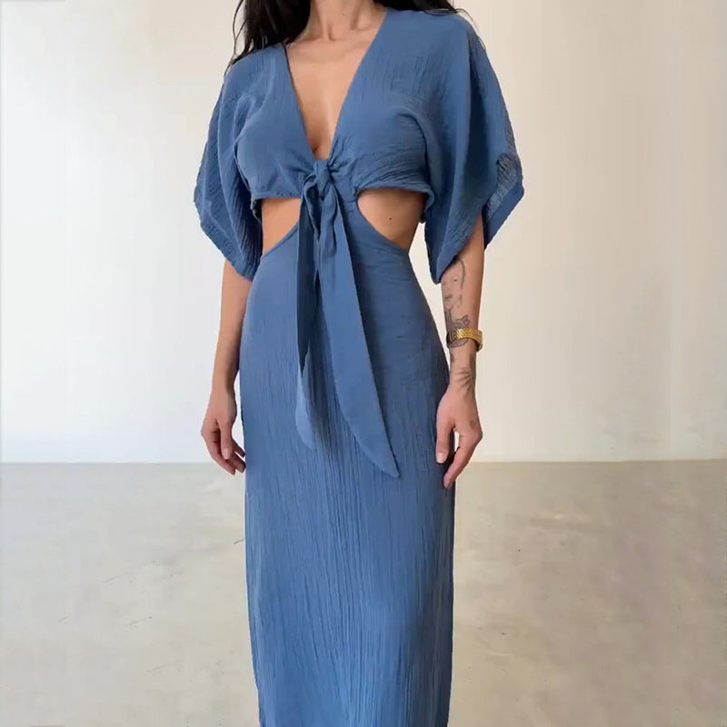 Dress for women – Maxi – Slim fit – V-neck – Waist cutout – Open back