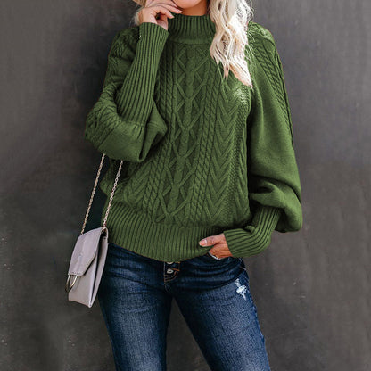 Chunky knit sweater for women with high collar and voluminous sleeves