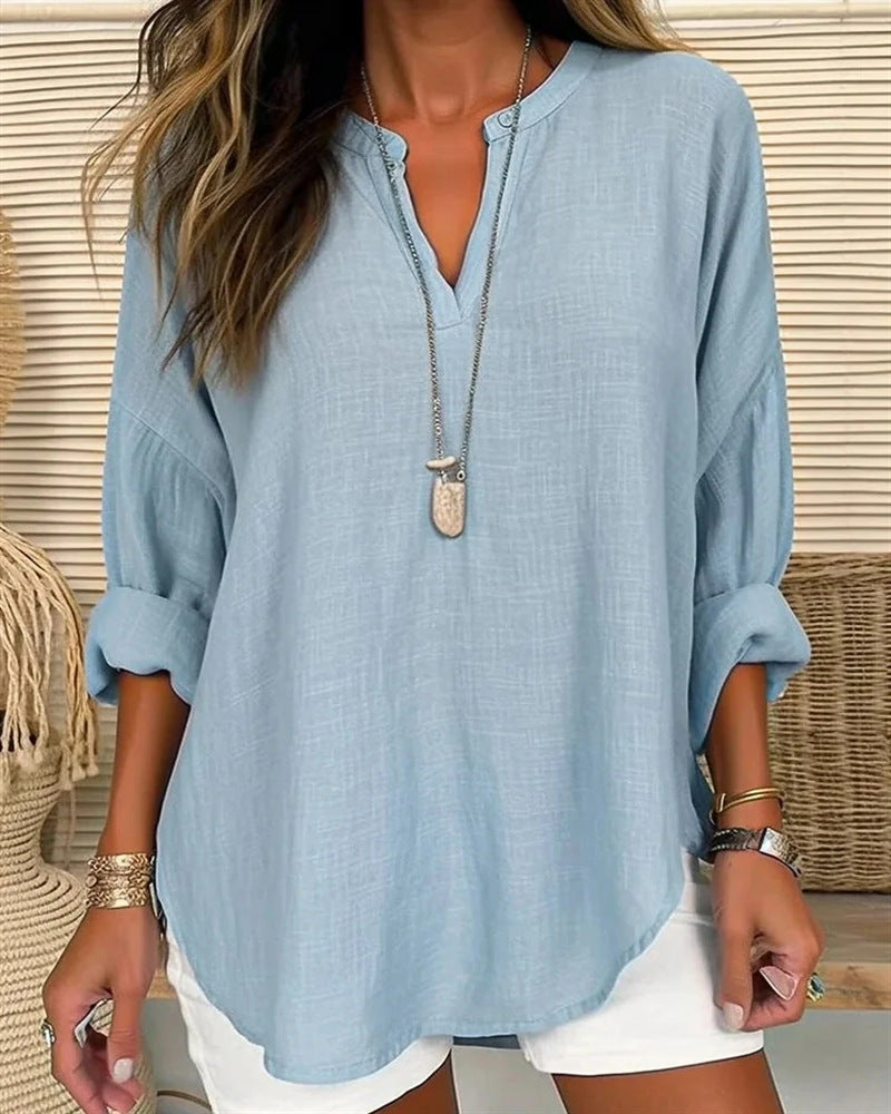 Women's Shirt with Long Sleeves – Cotton Linen – Relaxed Fit – Stand Collar