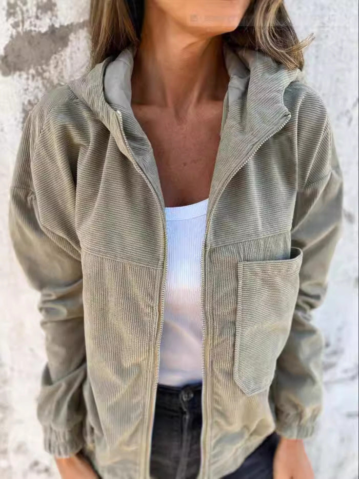 Women’s Hooded Jacket – Corduroy – Relaxed Fit – Zip Front – Elastic Cuffs – Casual Wear