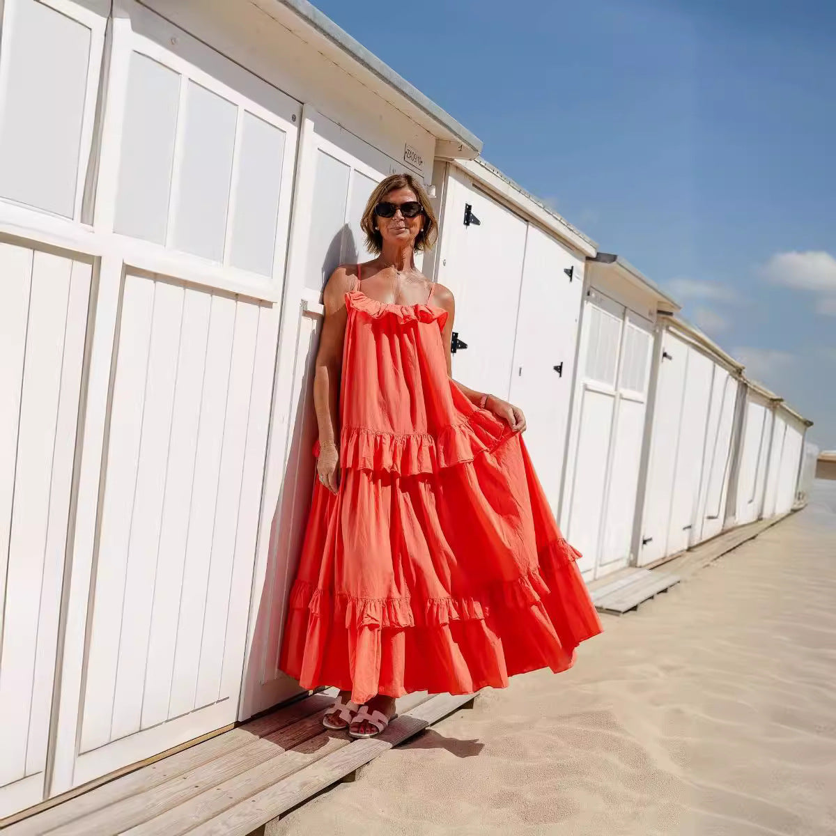 Women’s Maxi Dress – Flowy Fit – Cotton Blend – Ruffle Neckline – Tiered Skirt
