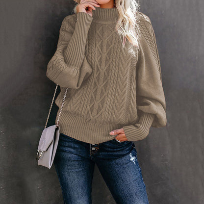 Chunky knit sweater for women with high collar and voluminous sleeves