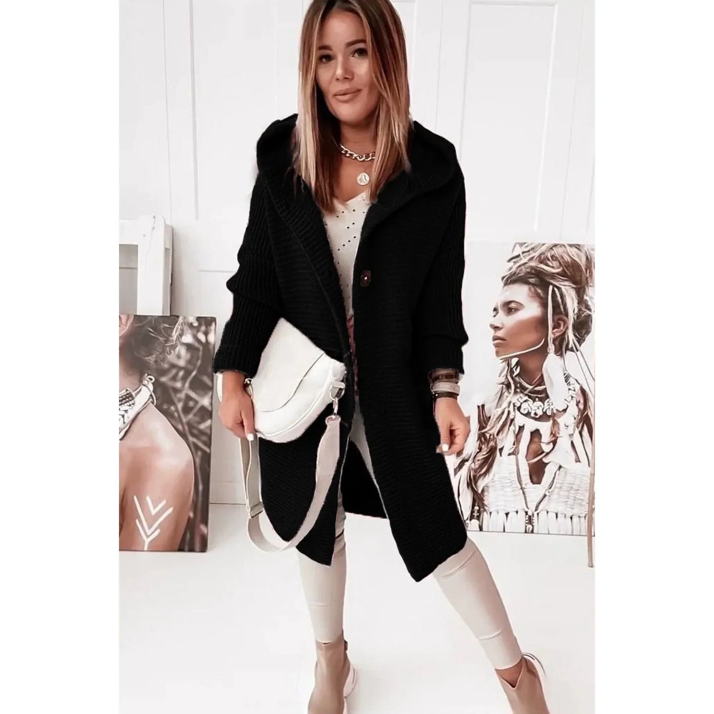 Women’s Hooded Cardigan – Loose Fit – Long Line – Ribbed Knit – Button Front – Drop Shoulder