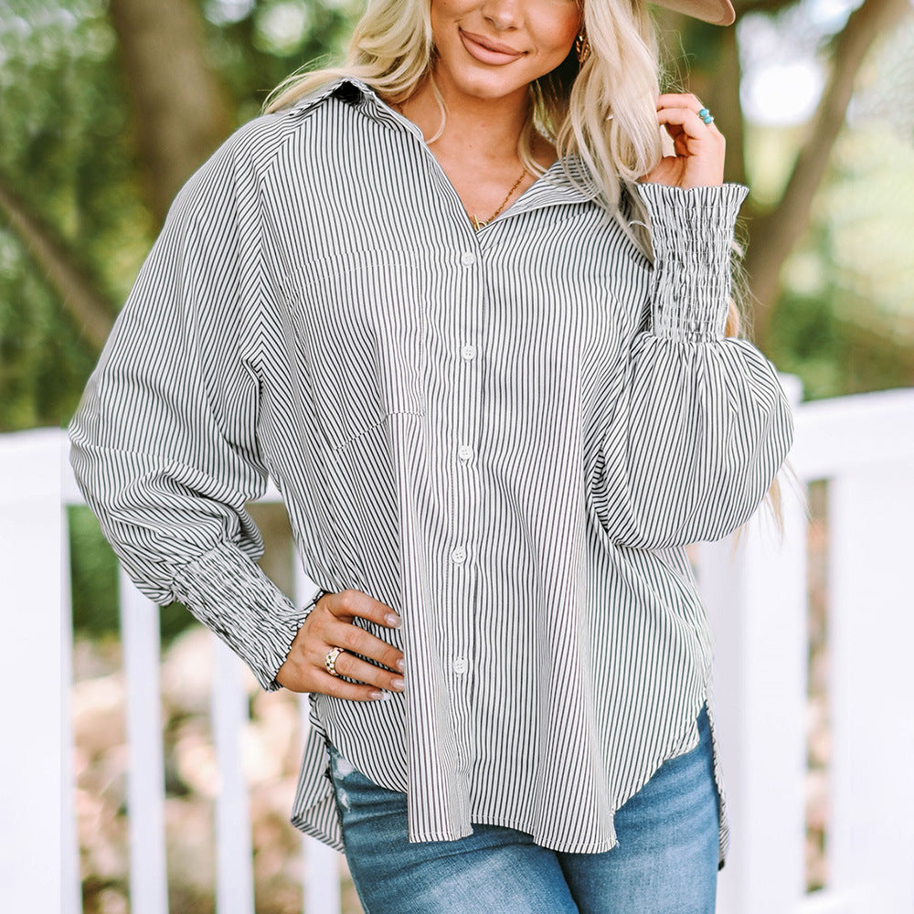 Women's Oversized Button-Down Shirt with Striped Pattern and Long Sleeves