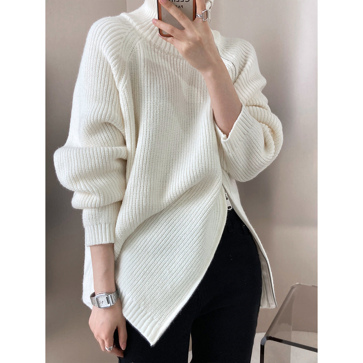 Women’s Knit Sweater – Wool Blend – Oversized Fit – High Collar – Side Zipper