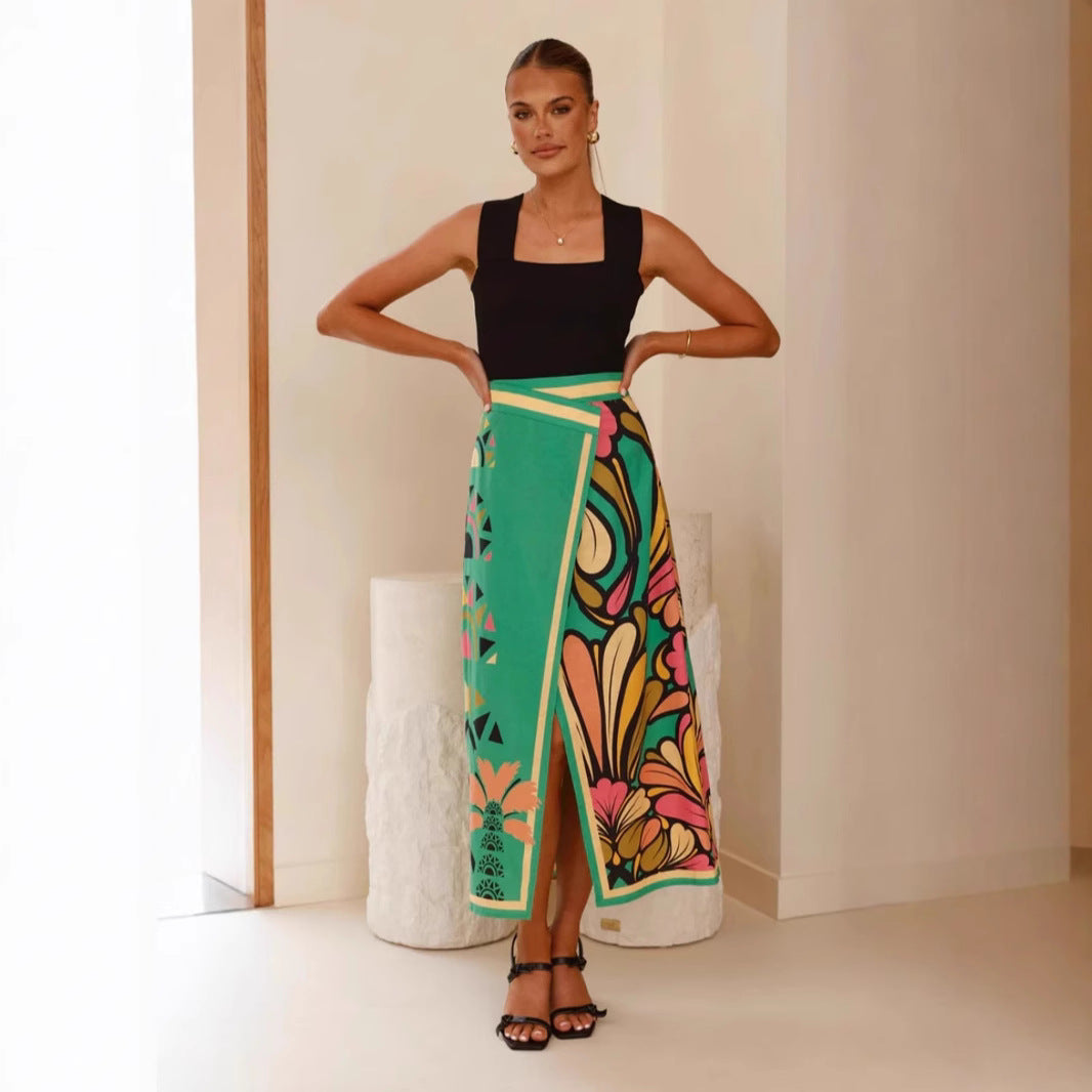Women's Midi Skirt – Slim Fit – High Waist – Front Slit – Abstract Print