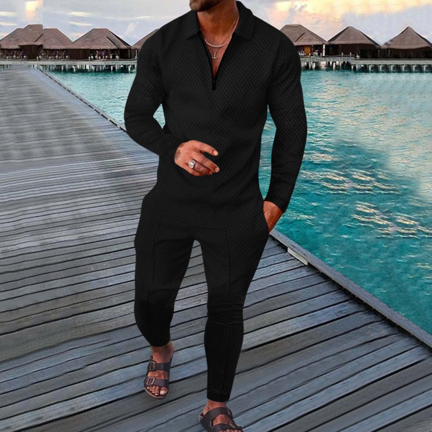 Men's Two Piece Slim Fit Sports Leisure Suit With Breathable 3D Print Long Sleeve Polo By TrendAura