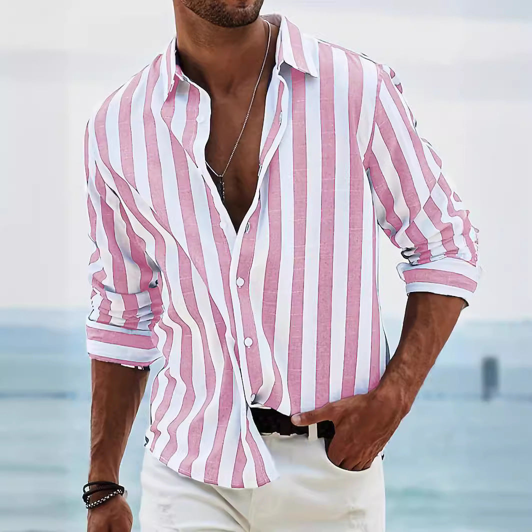 Men's Long Sleeve Shirt Cotton Linen Blend Striped Design Relaxed Fit Casual Everyday Wear