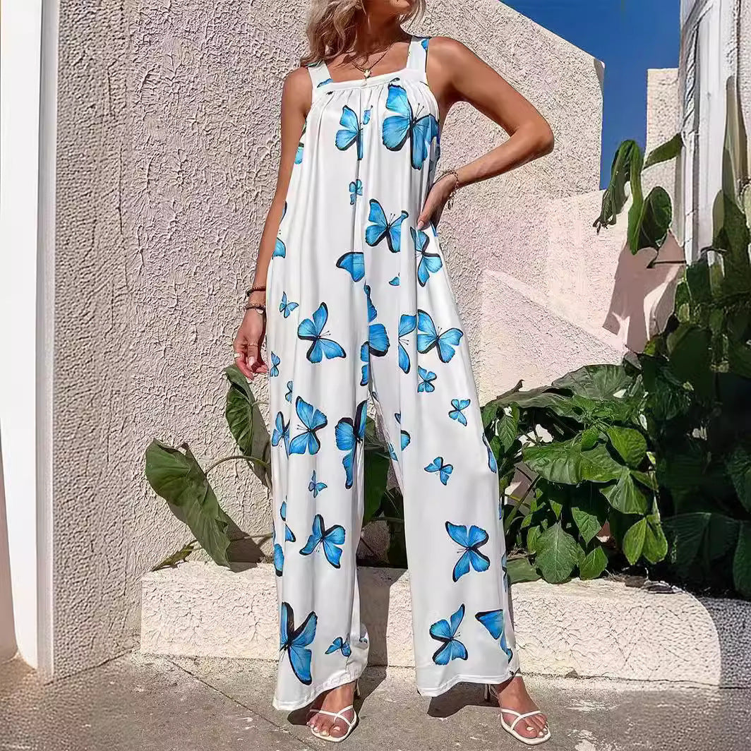 Women's Jumpsuit – Loose Fit – Wide Legs – Light Material – Printed Strapless Design