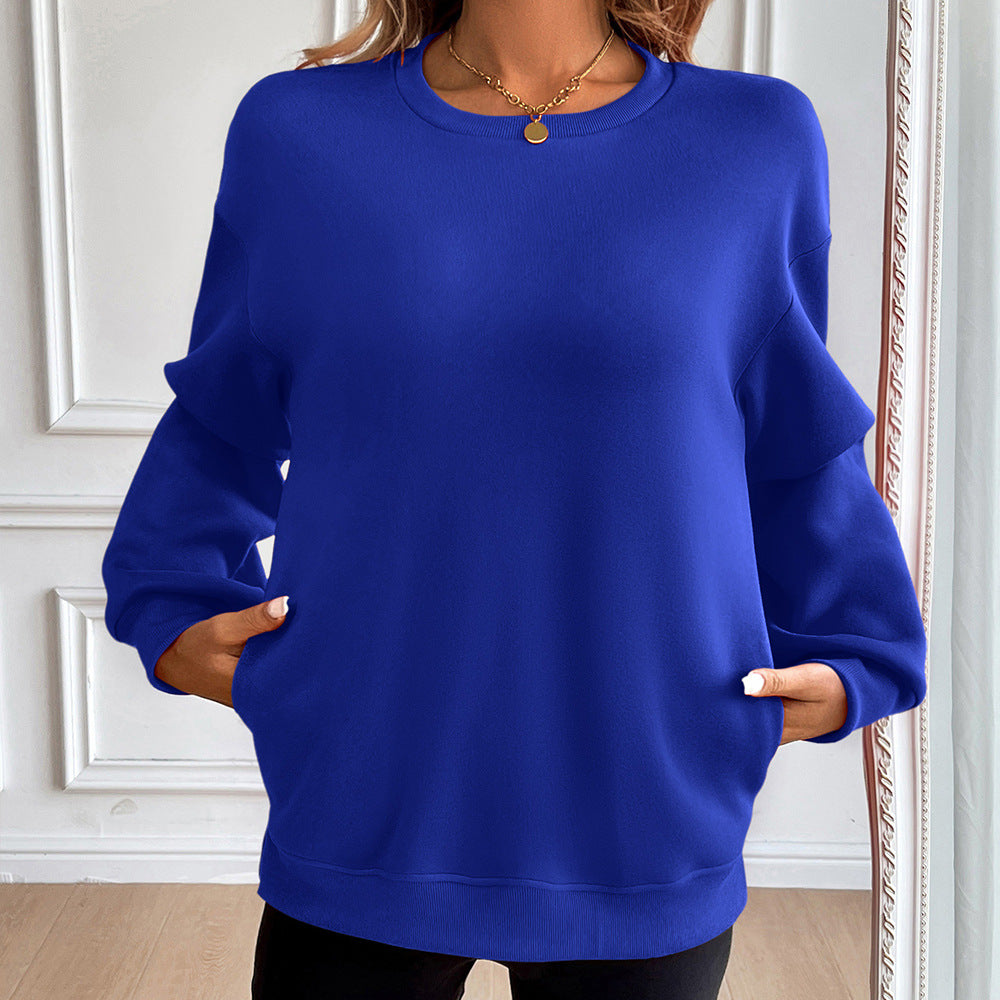 Women’s Sweatshirt – Loose Fit – Cotton Blend – Round Neck – Long Sleeve – Front Pockets