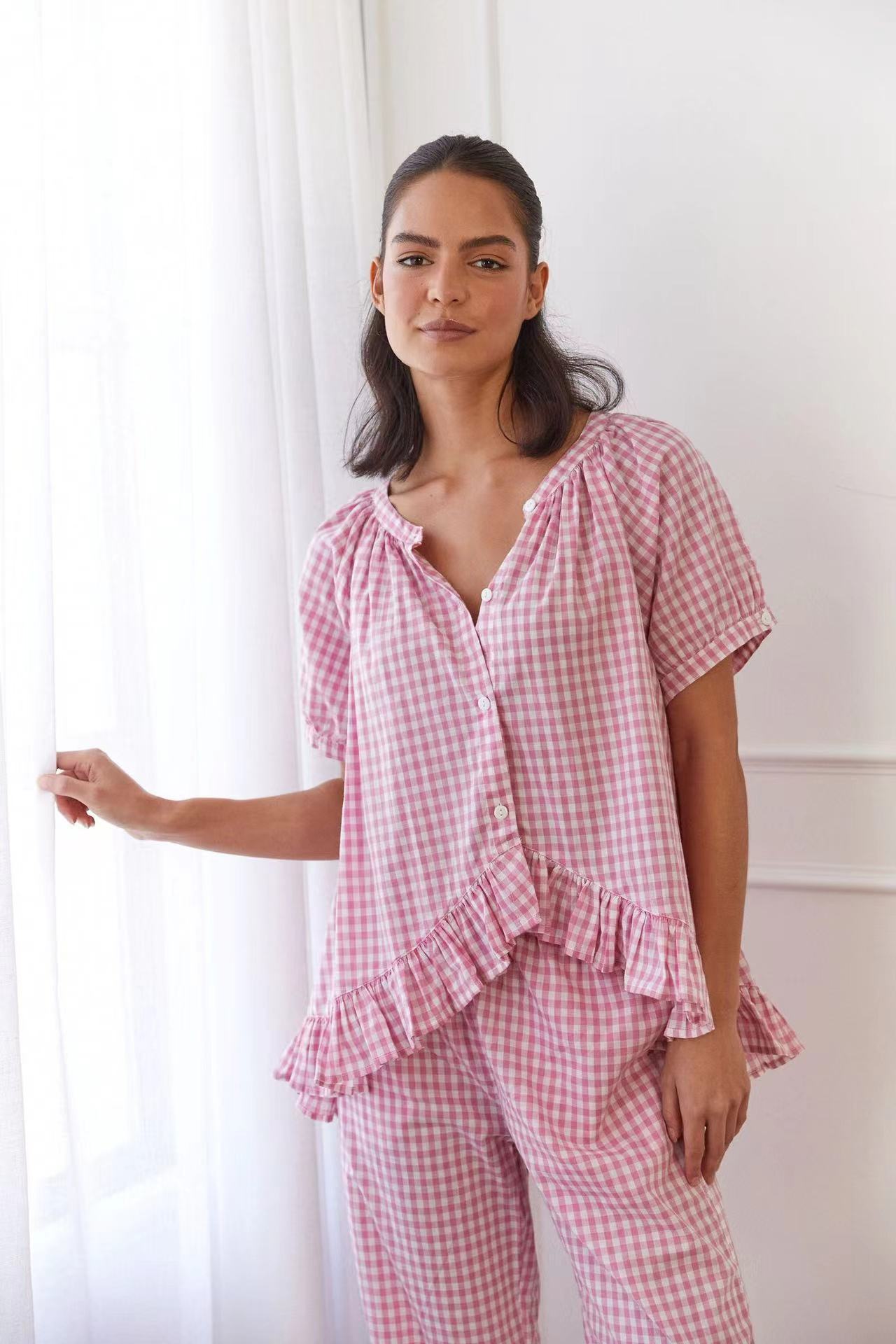 Women's Set with Shirt and Pants – Light Cotton – Relaxed Fit – Ruched Details
