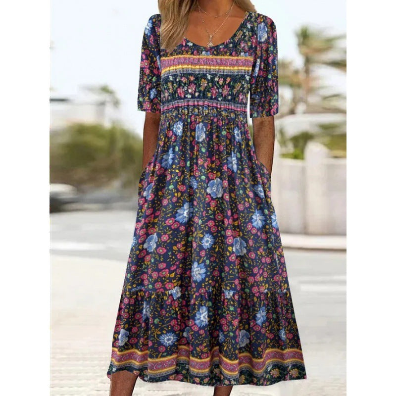TrendAura Women's Boho Maxi Dress - Floral Print Relaxed Fit Short Sleeve Pockets For Everyday Comfort