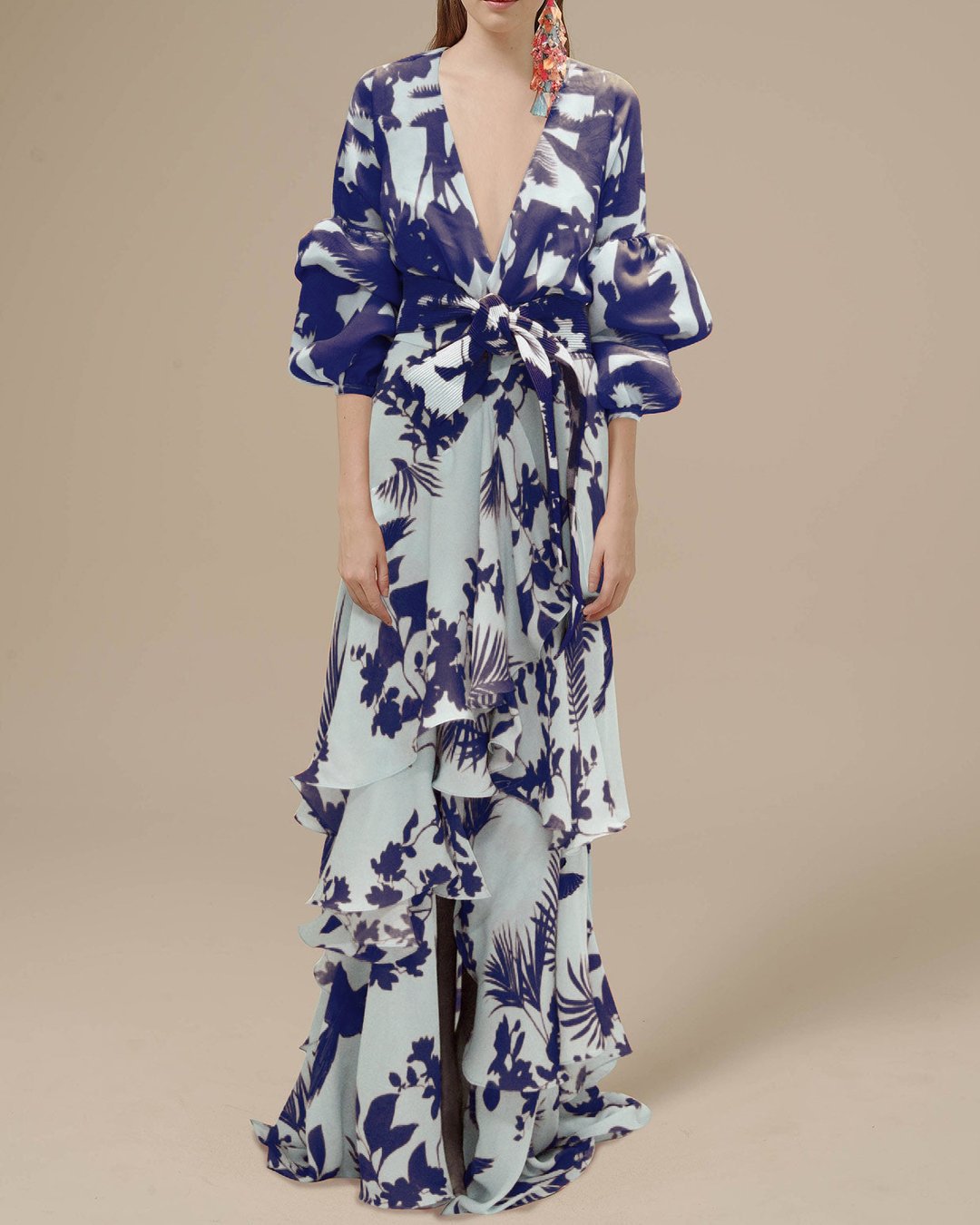 Women’s Maxi Dress – Chiffon – Printed – Ruffle Skirt – Puff Sleeves – V-Neck – Belted