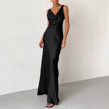 Women's Evening Dress – Satin – Slim Fit – Draped Neckline – Spaghetti Straps – Floor Length