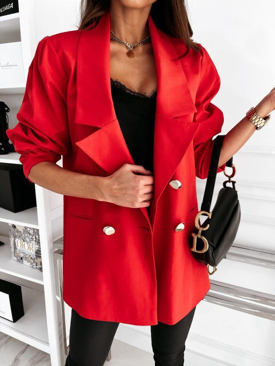 Women’s Blazer – Structured Fit – Puff Sleeves – Woven Fabric – Tailored Hip Length