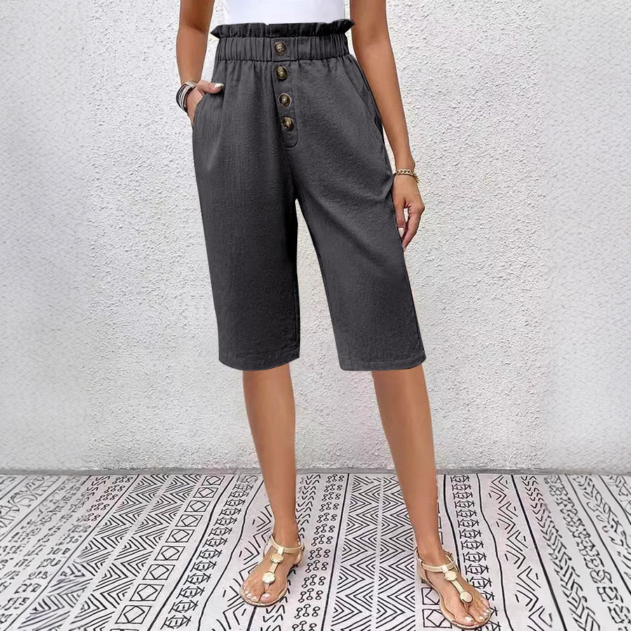 Bermuda shorts for women - Relaxed fit - Elastic waistband - Front button - Lightweight fabric