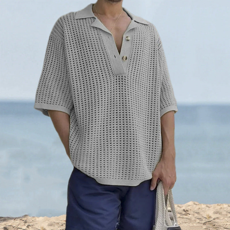 Nordic Flair Men's Oversize Knit Sweater Open Knit Short Sleeves Notch Collar Breathable